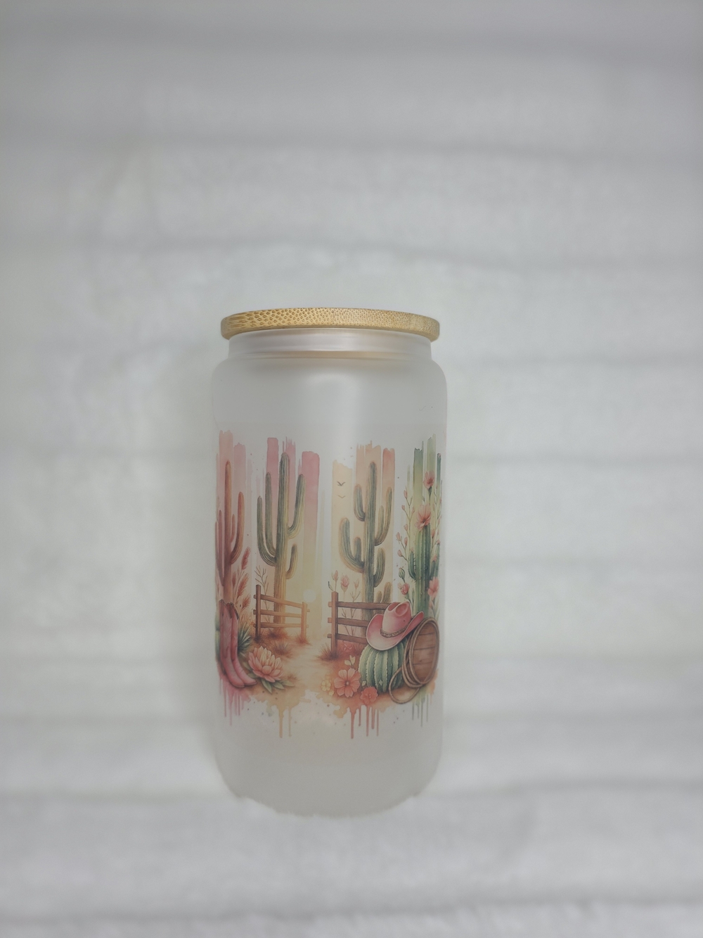 Frosted Glass Desert Cactus Glass Cup with Bamboo Lid - Pink & Green